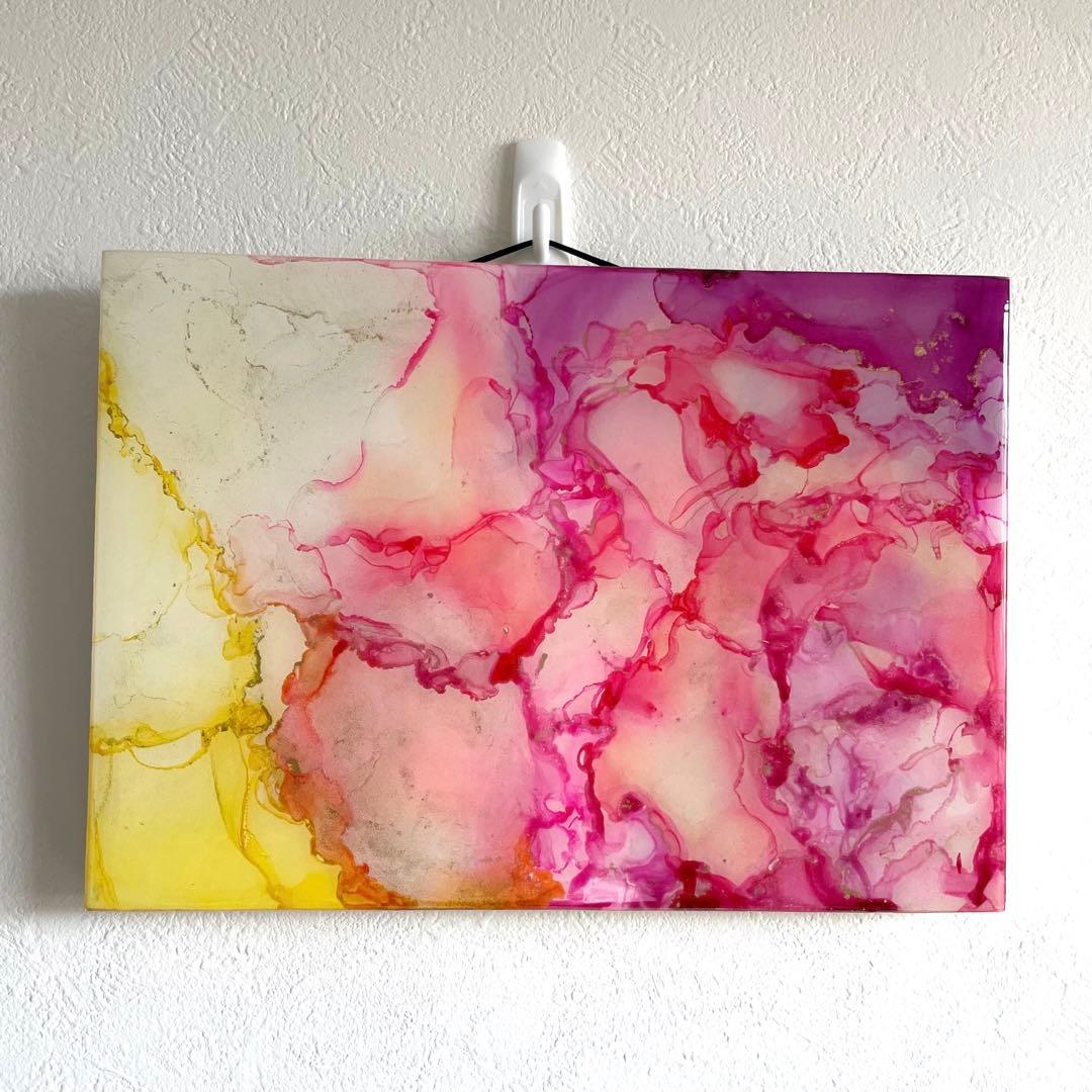 アルコールインクアート　ピンク　紫　黄色　レジン　パネル　木製　29.6×21