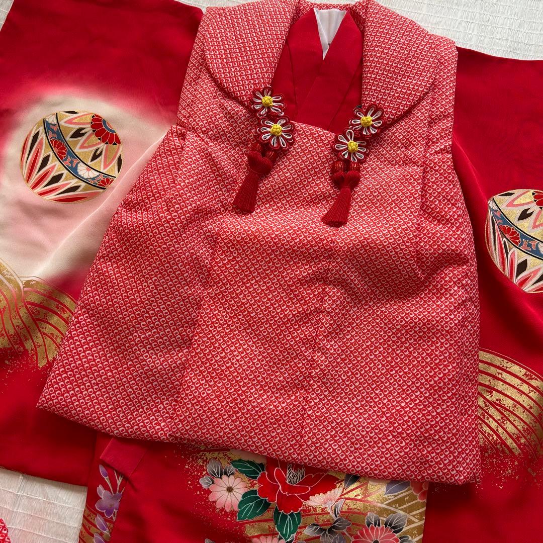 七五三 3歳 着物 絹 被布 絞り柄 三歳 赤 草履 753 巾着