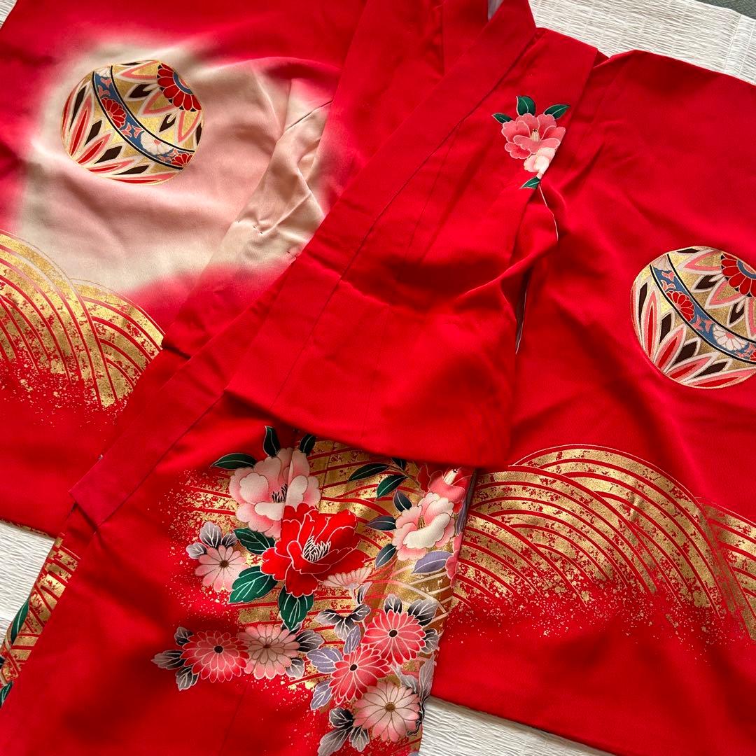 七五三 3歳 着物 絹 被布 絞り柄 三歳 赤 草履 753 巾着