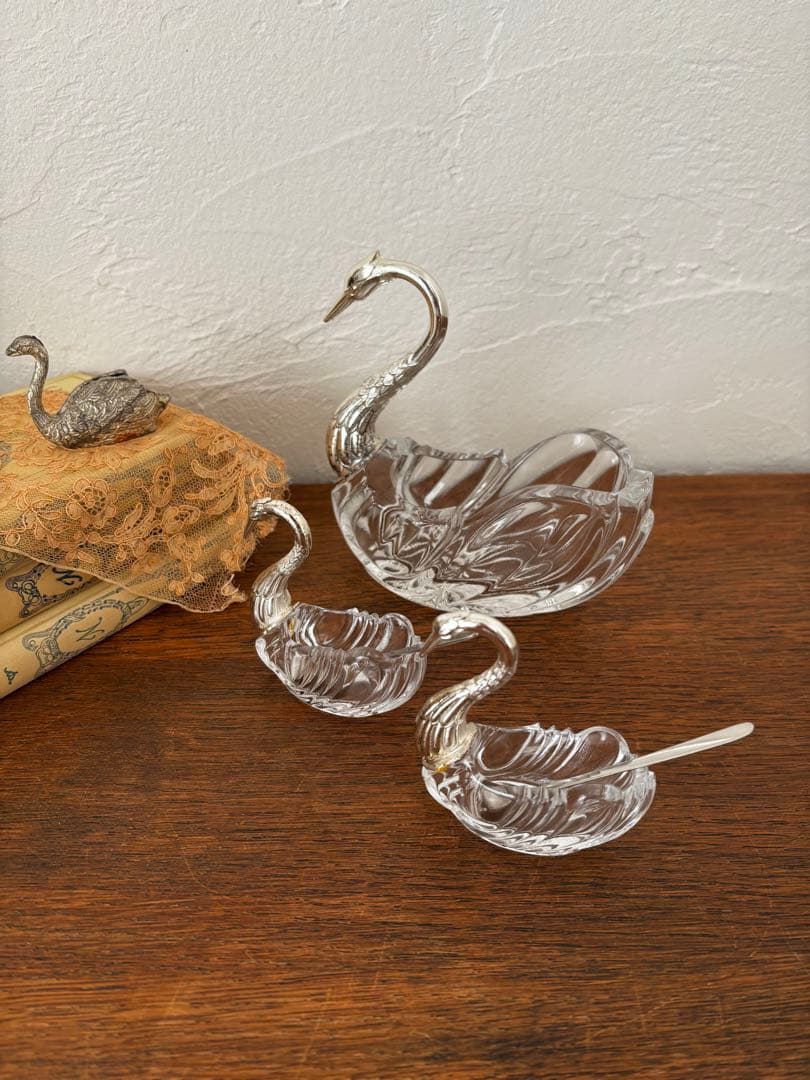 白鳥　スワン　3個セット　調味料入れ　クリスタルガラス　ビンテージ