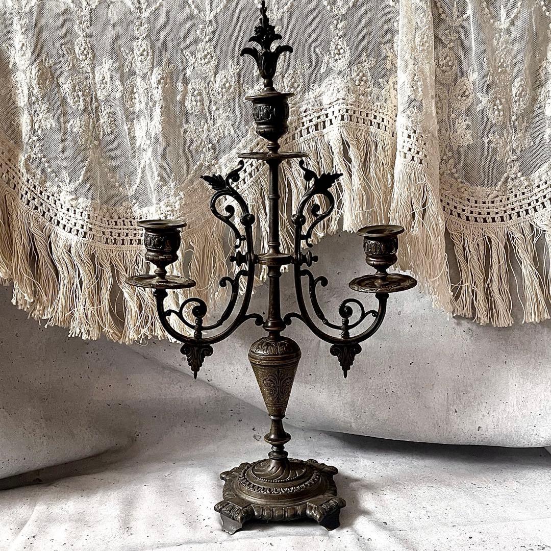 フランスアンティーク♪装飾刻印 キャンドルスタンド 3灯金属製