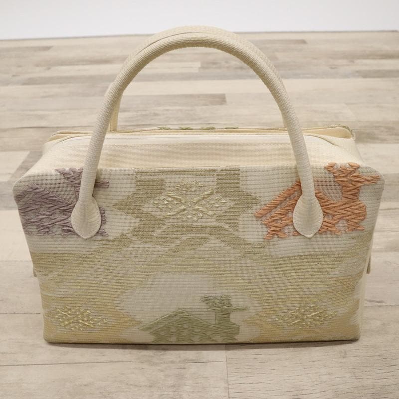 《和装バッグ◆利休バッグ■ベージュ系■有栖川と鹿刺繍＊着物♪和装Z7-20》