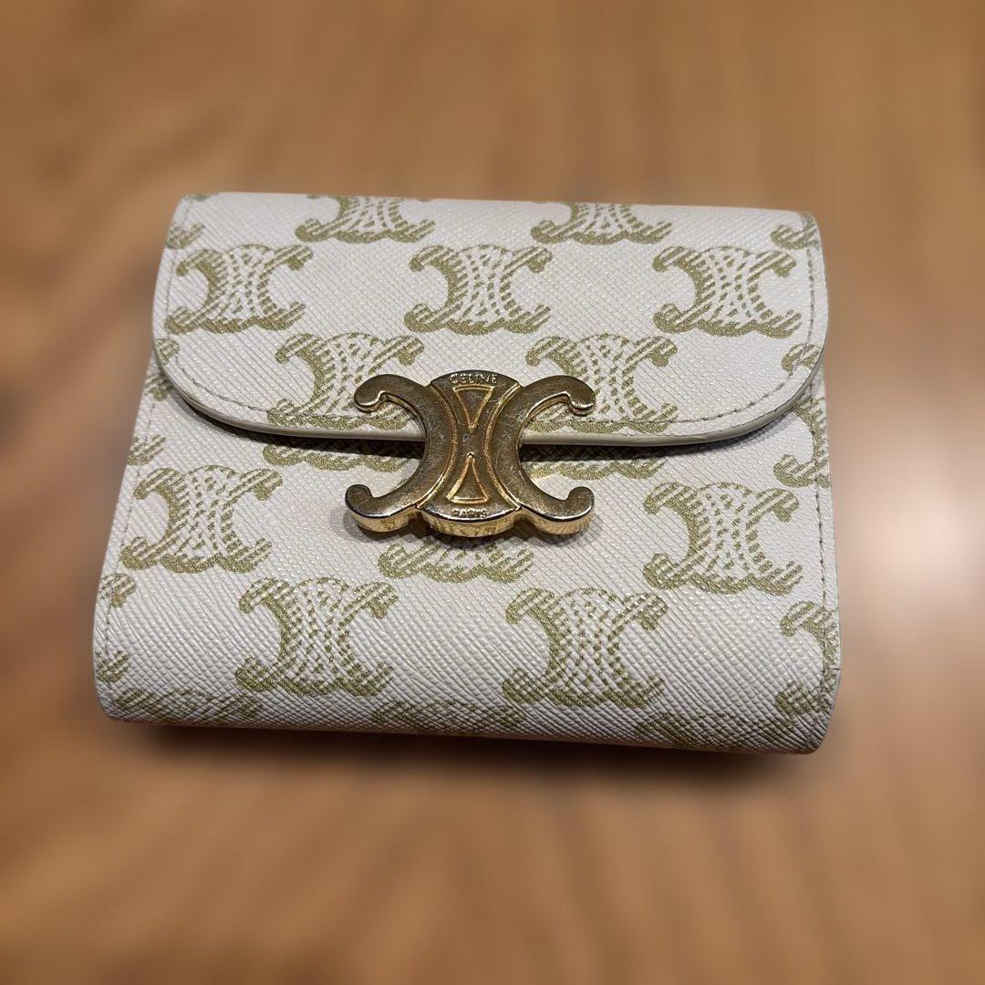 二つ折り財布 アイボリー グリーン ロゴ