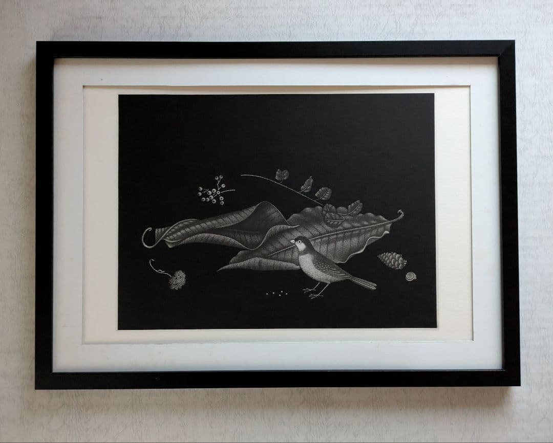 k長谷川潔の500部限定作品 「小鳥と二葉」真作保証