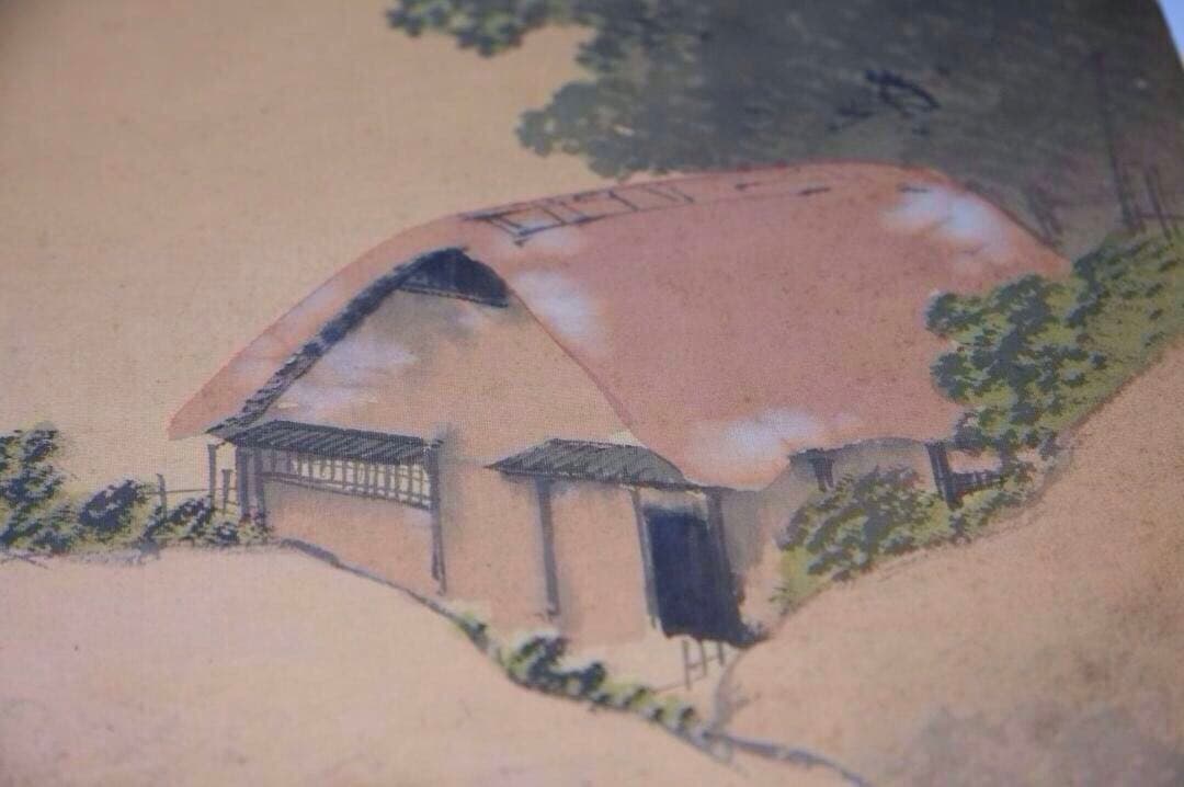 秋光作　里山風景画　日本画　色紙