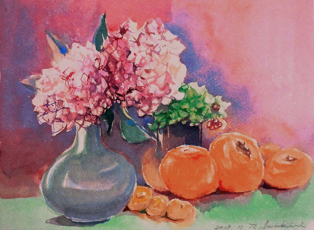 花瓶と果物の水彩画