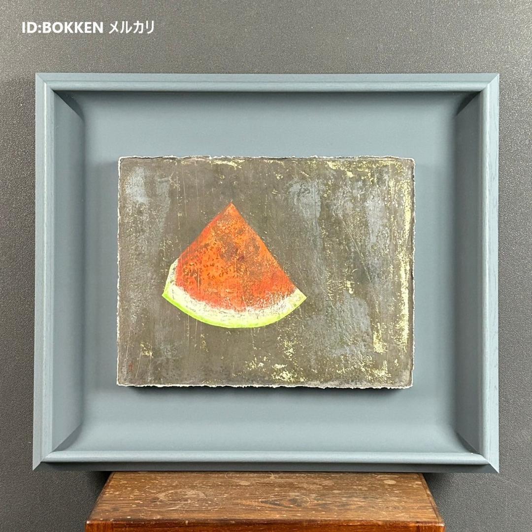 美品 来野月乙「西瓜」染色絵 共シール有 直筆サイン入 立体額 京都の染色作家