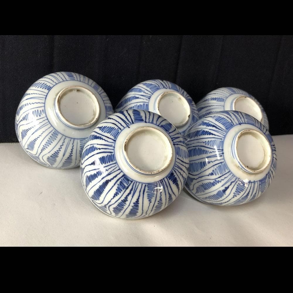 e154 古伊万里 染付 よろけ紋 ころ茶碗 5客 りん茶碗 茶碗 茶道具