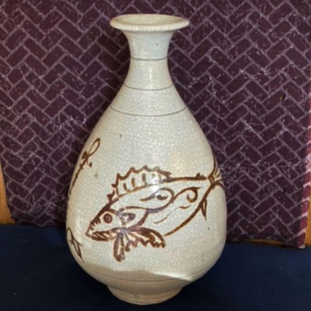 李朝　鉄絵魚文大徳利　　高麗