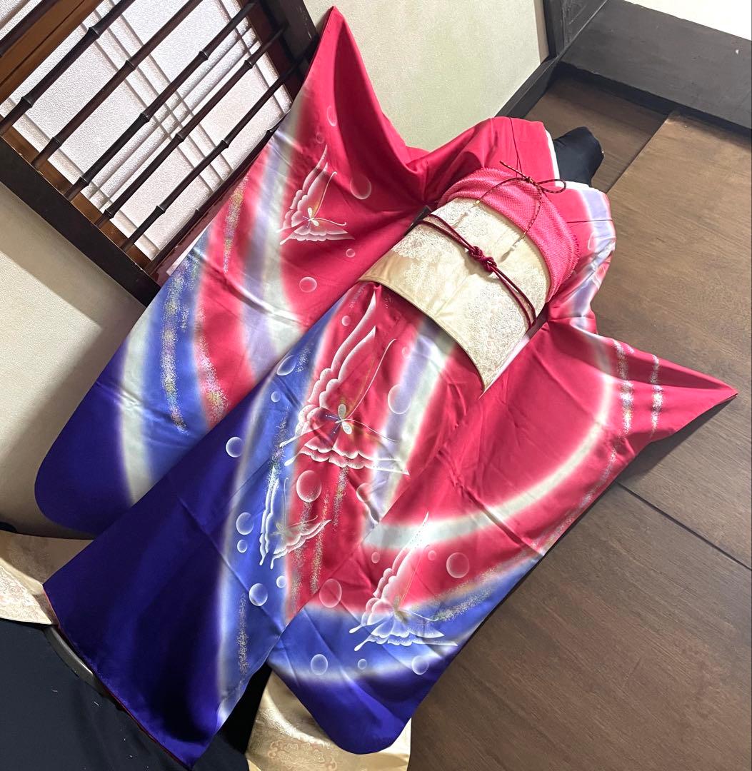 振袖フルセット6点サイズM〜Ｌ舞蝶文　暈し染め　金銀彩　正絹