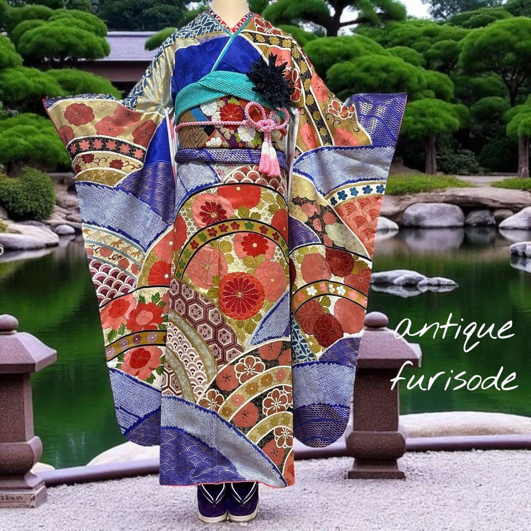 (う12)青紫の祝い青海波模様に本絞りや手描き✨アンティーク振袖⑤点セット㊗️
