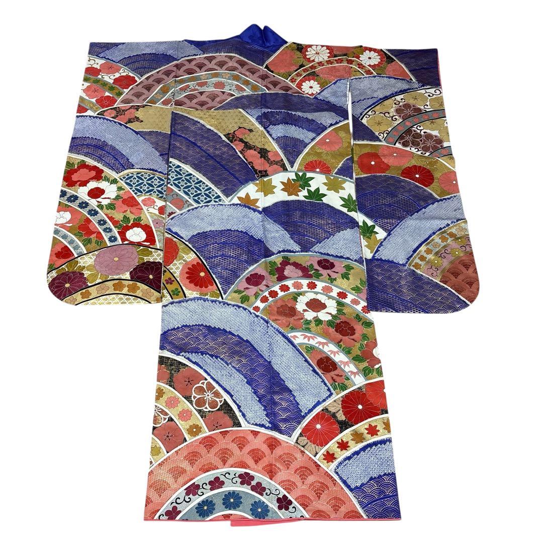 (う12)青紫の祝い青海波模様に本絞りや手描き✨アンティーク振袖⑤点セット㊗️