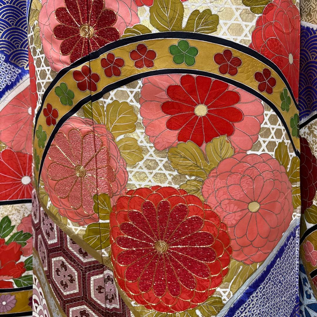 (う12)青紫の祝い青海波模様に本絞りや手描き✨アンティーク振袖⑤点セット㊗️