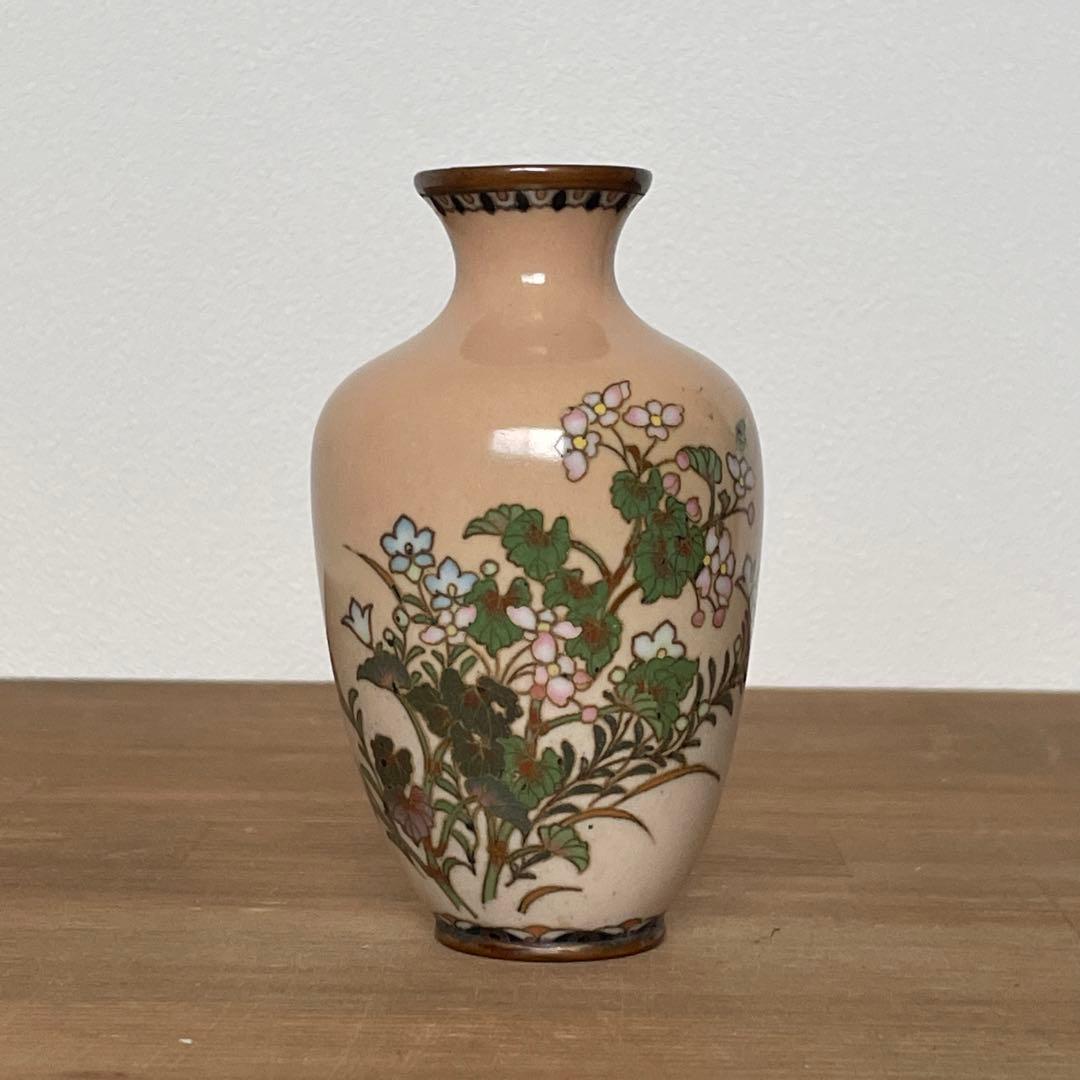 明治期　尾張　七宝　花文　銀線　植線　花瓶　小花瓶　小瓶　七宝焼　壷　花入