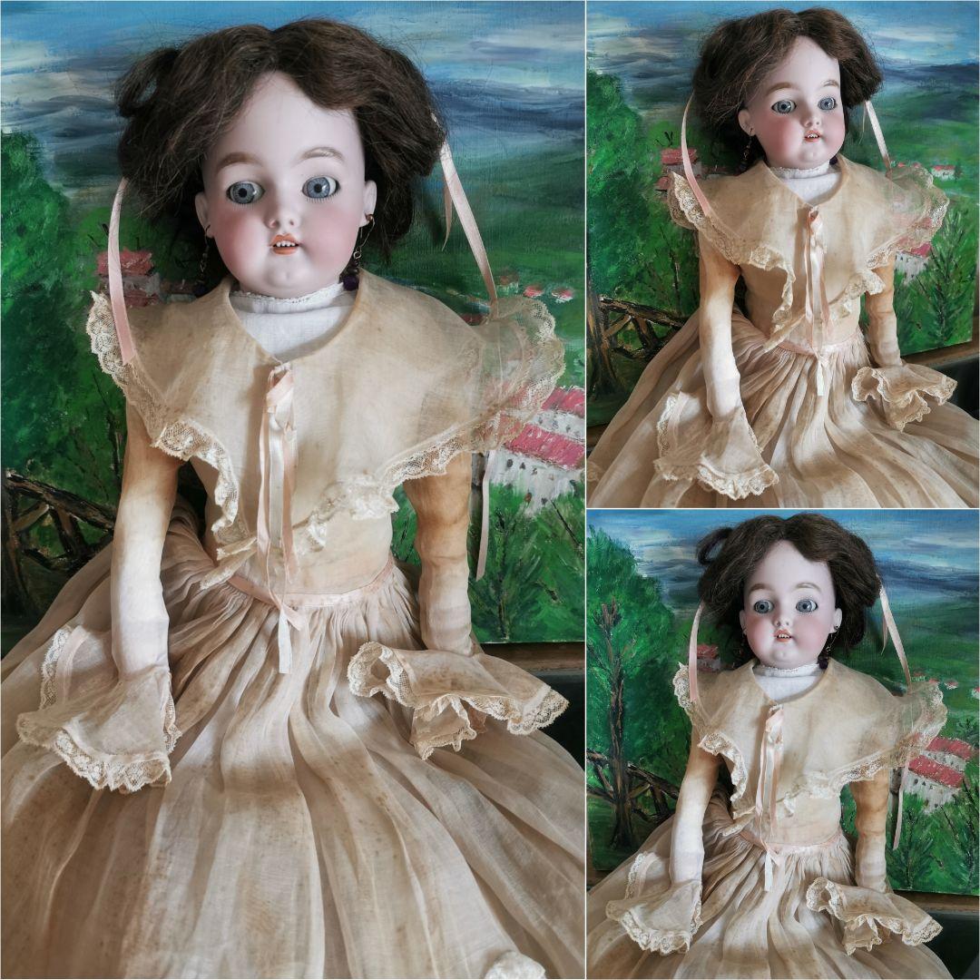 アンティーク ドイツ ビスクドール グレイッシュブルーアイ オーガンジードレス