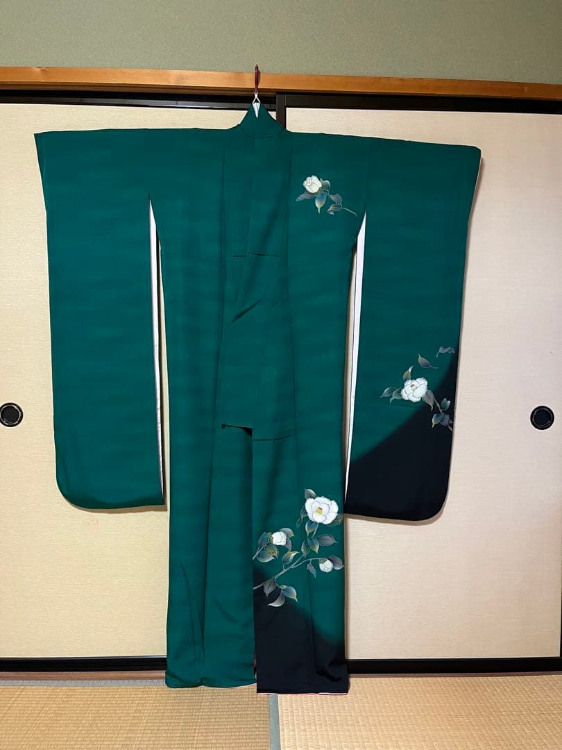 成人式、振袖、ちりめんグリーン花柄