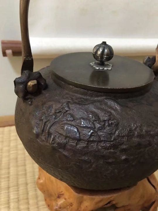鉄瓶 亀文堂造 銀摘 銀象嵌 明治期