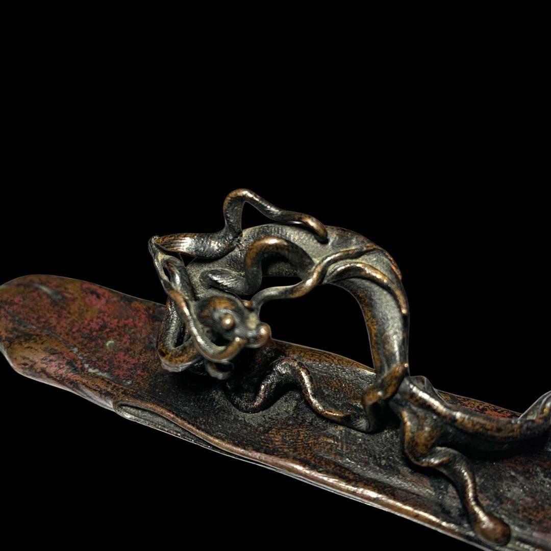 本間琢斎 斑紫銅製 文鎮 龍紐文鎮書鎮 筆架 書道具 金属工芸 骨董 共箱