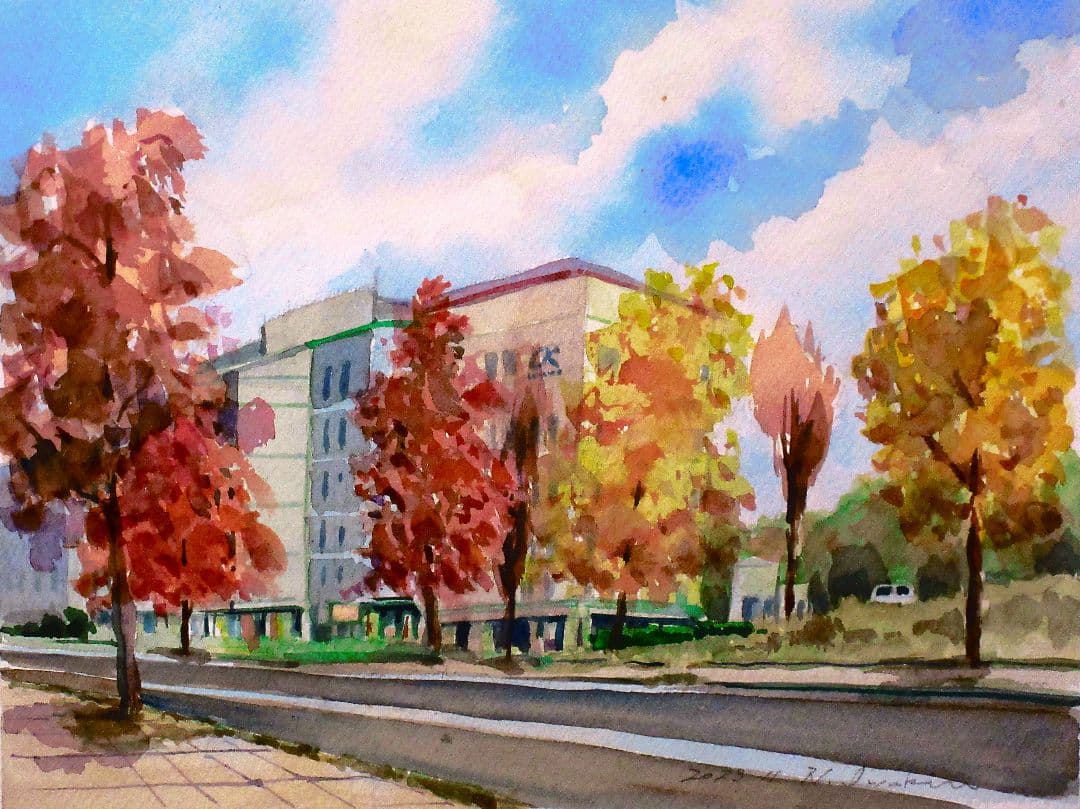 秋の風景 水彩画 額装済み