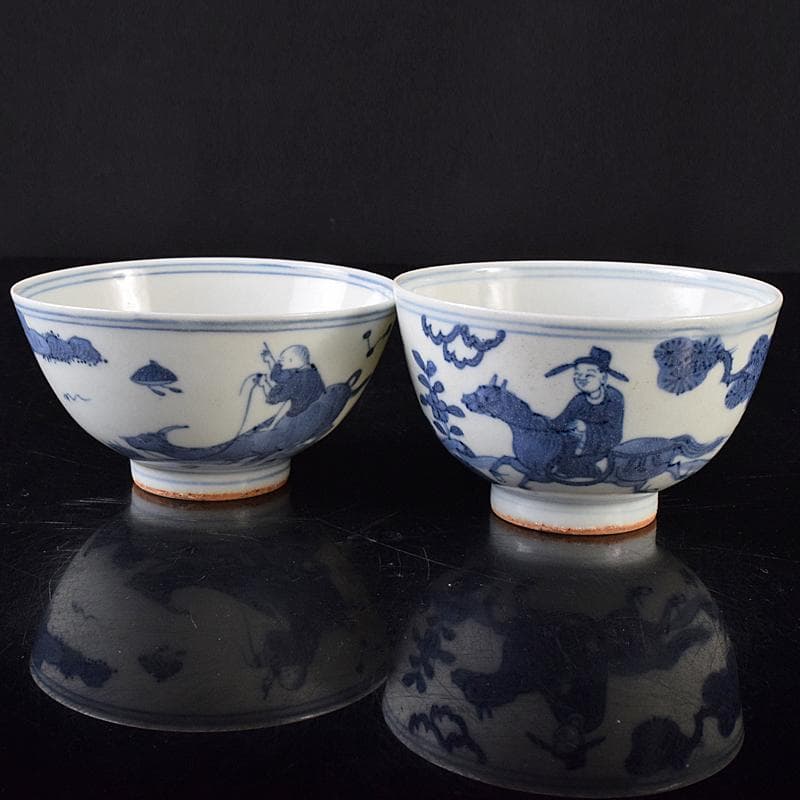 金山　中国　大明萬暦年製　青花山水人物文茶碗　2点　C　8164E