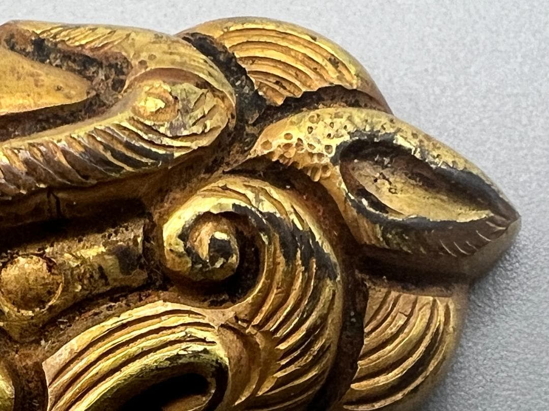 尾州藩士　江戸明治期　獅子顔形　手彫　大金具　銅製鍍金　骨董品