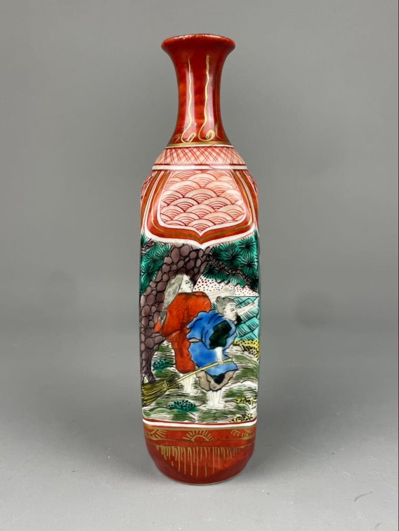 江戸後期〜明治期古 九谷 角福 赤絵 徳利 高砂 金彩 手描 金箔 置物 九谷焼