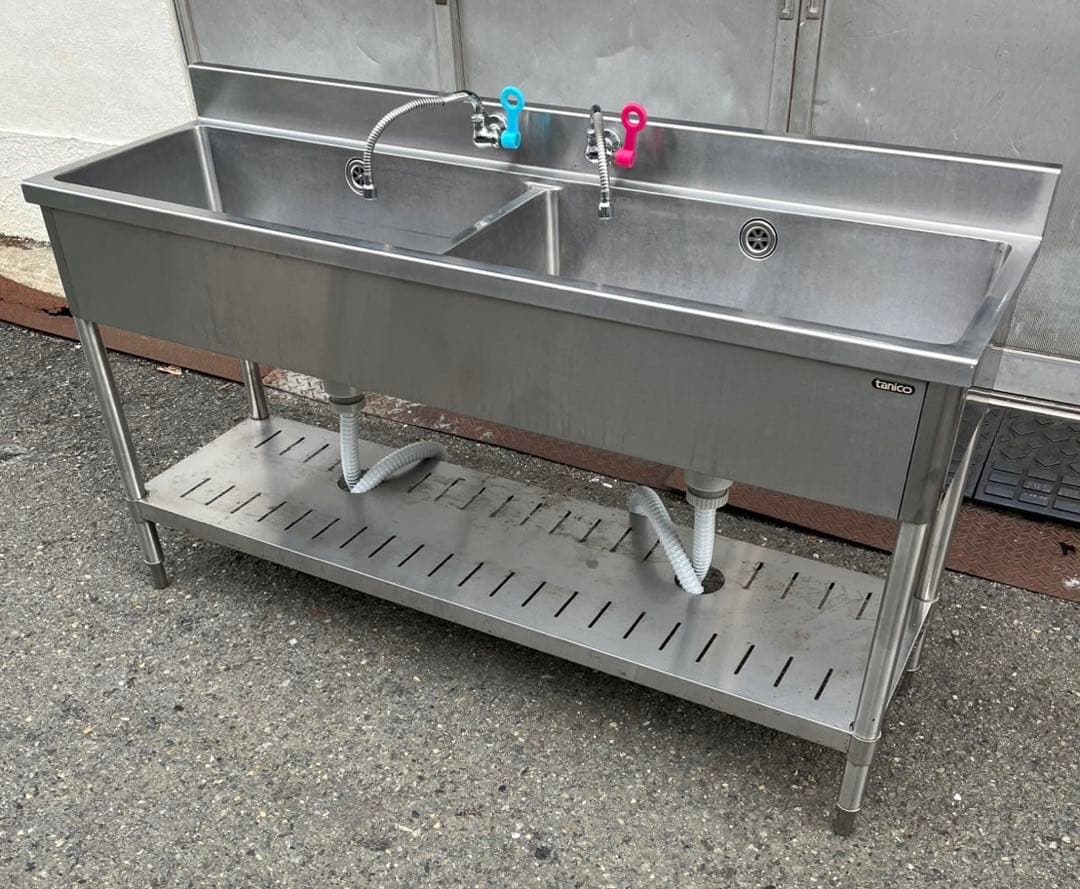 業務用 2槽シンク 2口蛇口付き 幅1500×奥450×高さ820+90