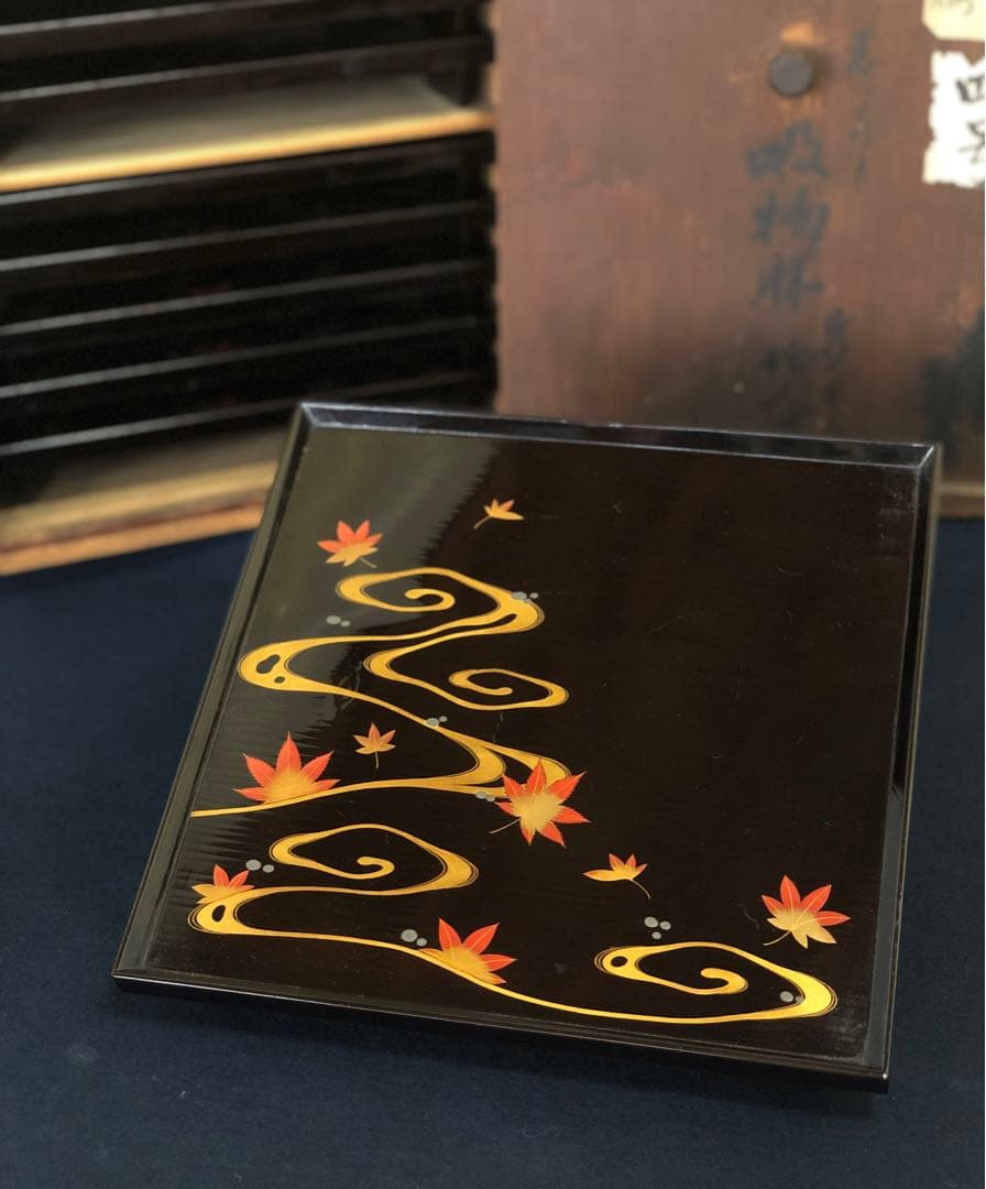黒塗 流水紅葉蒔絵 脚付膳 四方膳10客 木製漆器 木箱　250725F1❗️割引