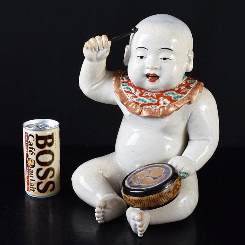 ちゅーちゃん 　古伊万里　陶人形　色絵　太鼓打唐子像　置物　M　R7926