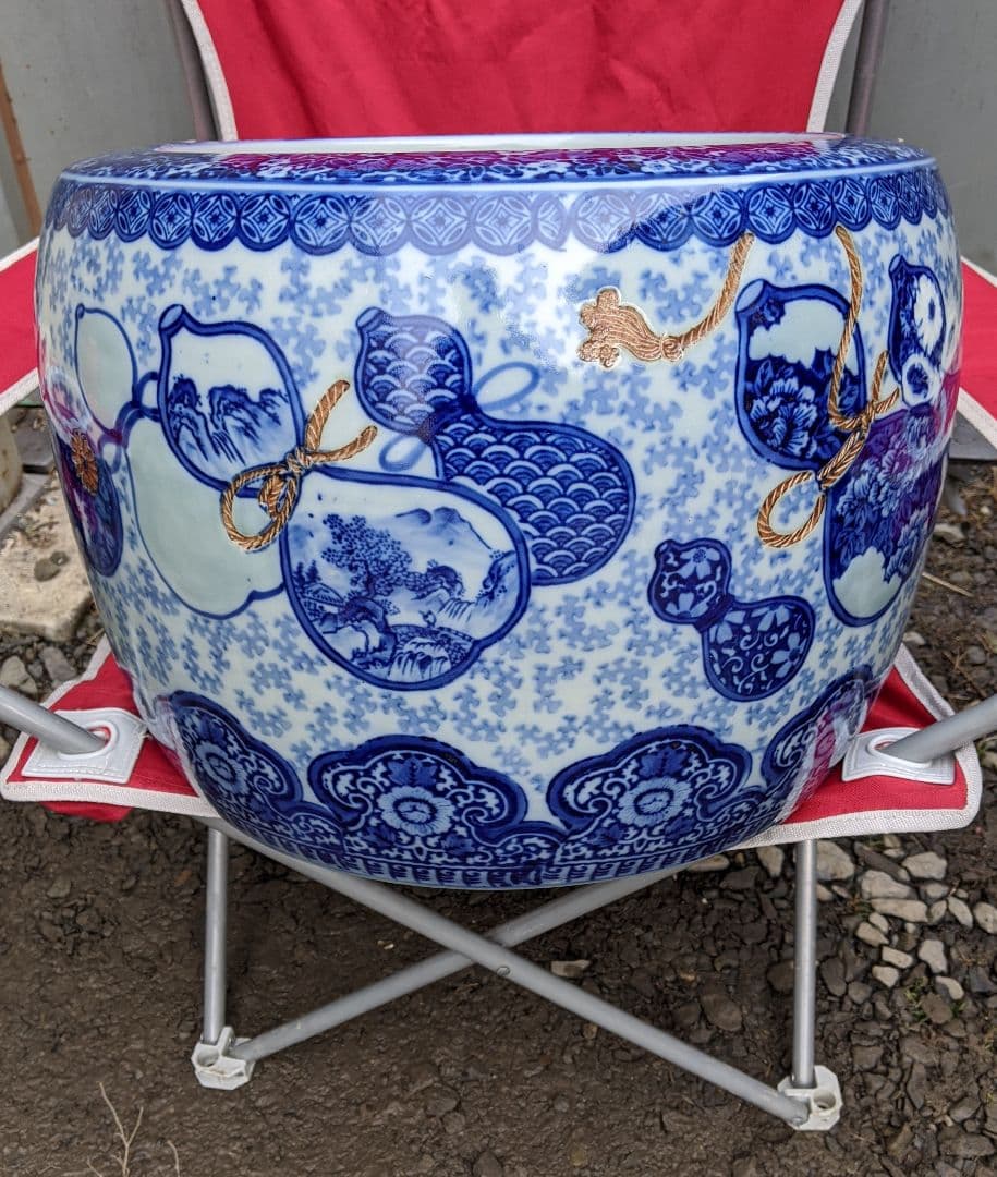 染め付け火鉢　瓢箪柄　鉢カバー　他用途鉢　伊万里　最大径47cm　レトロ【美品】