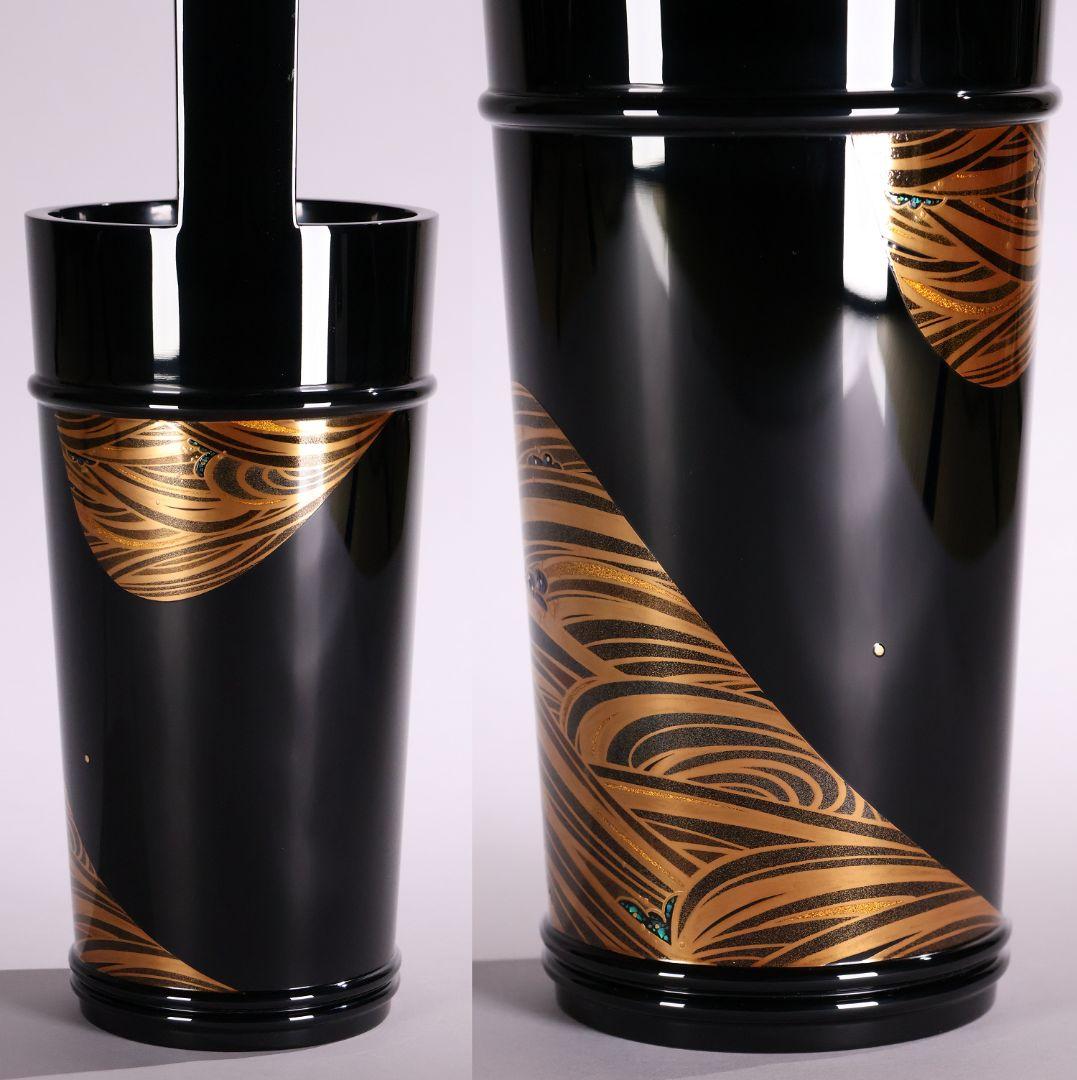 MA495 輪島塗 大徹造 田中貴司 流水金蒔絵 螺鈿入 手付花生 共箱 花器