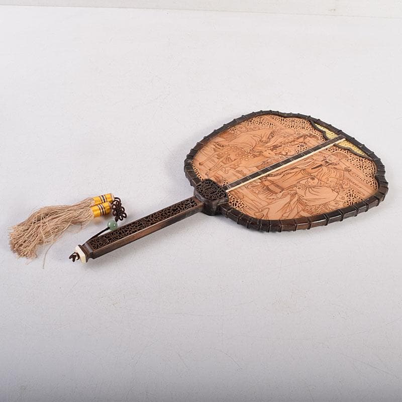 中国　唐木紫檀枠　山水人物彫　檀香宮扇　団扇　証明書付　C　8311