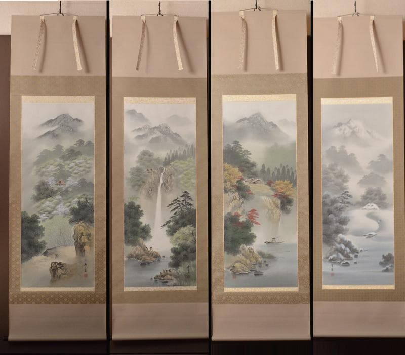 掛軸　西脇繁華筆　「四季山水」　四幅対　共箱　タトウ箱付　C　R4302C