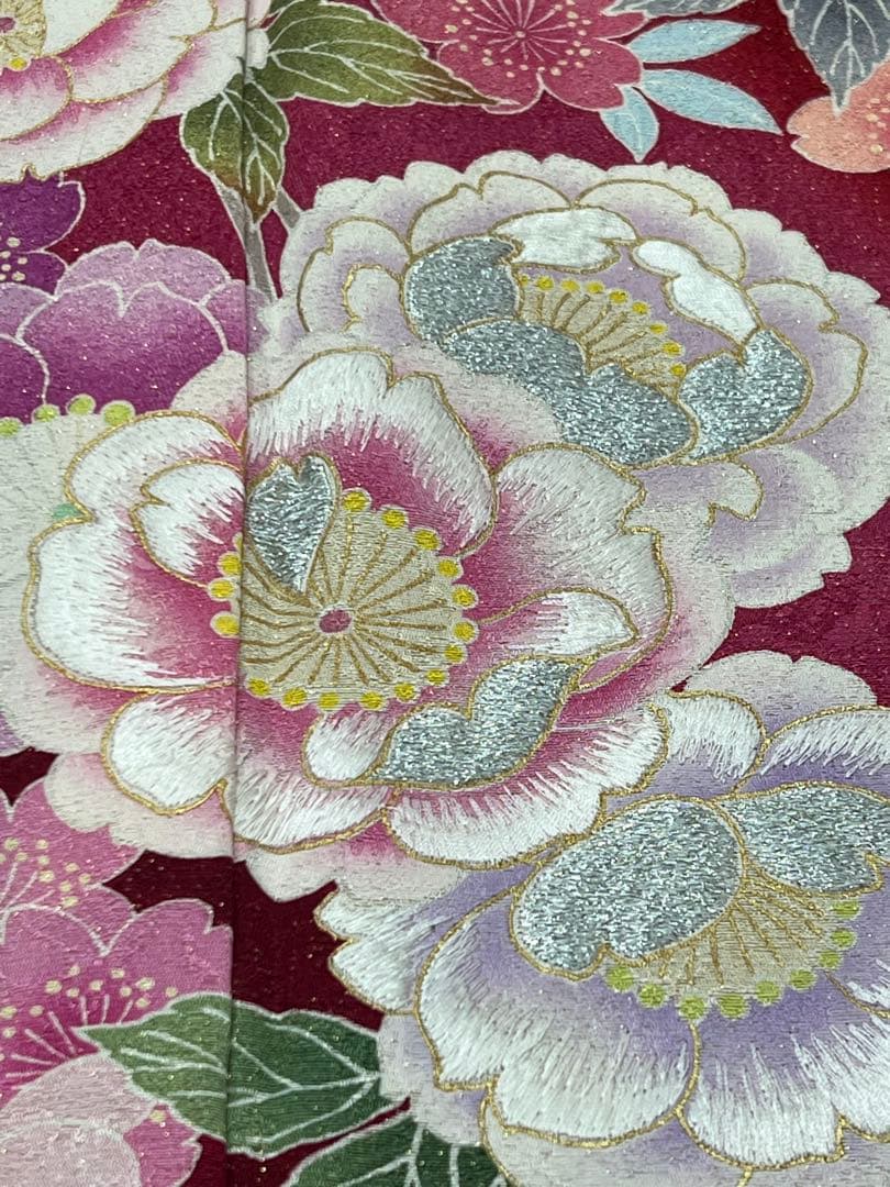 振り袖　フルセット　金彩加工　長襦袢付　刺繍入り　金通し　赤　花　664