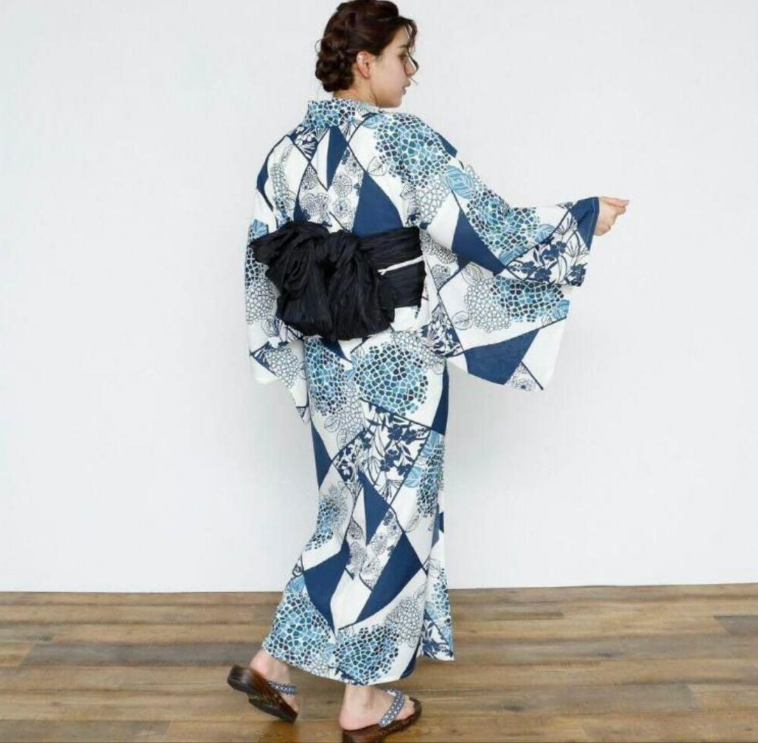 美品★カルキュロ浴衣★ノー皺加工最高級★紫陽花モダン★帯セット