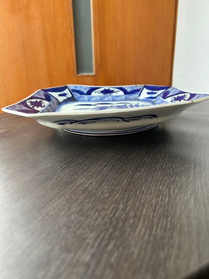 古伊万里 染付 ベロ藍 線描 銘有 隅切り八角皿 山水楼閣 九谷 飾り皿 骨董品