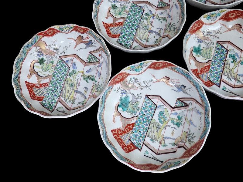 古伊万里　色絵　屏風図に双鶴の図　膾皿　５枚　D299AS-fbty