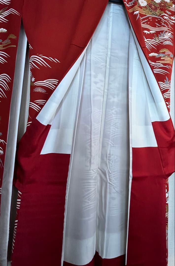 美品　ビッグサイズ　上正絹振袖　サビ朱色地花御所車