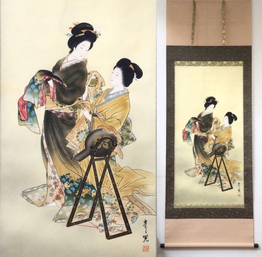 掛軸 田口青児『よそおい 美人図』日本画 絹本 肉筆 共箱付 掛け軸 k471