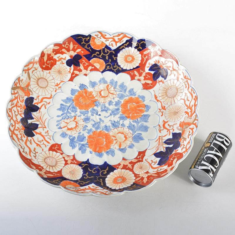りりあ　古伊万里　染錦　花文輪花皿　大皿　直径約40cm　V　R5856B