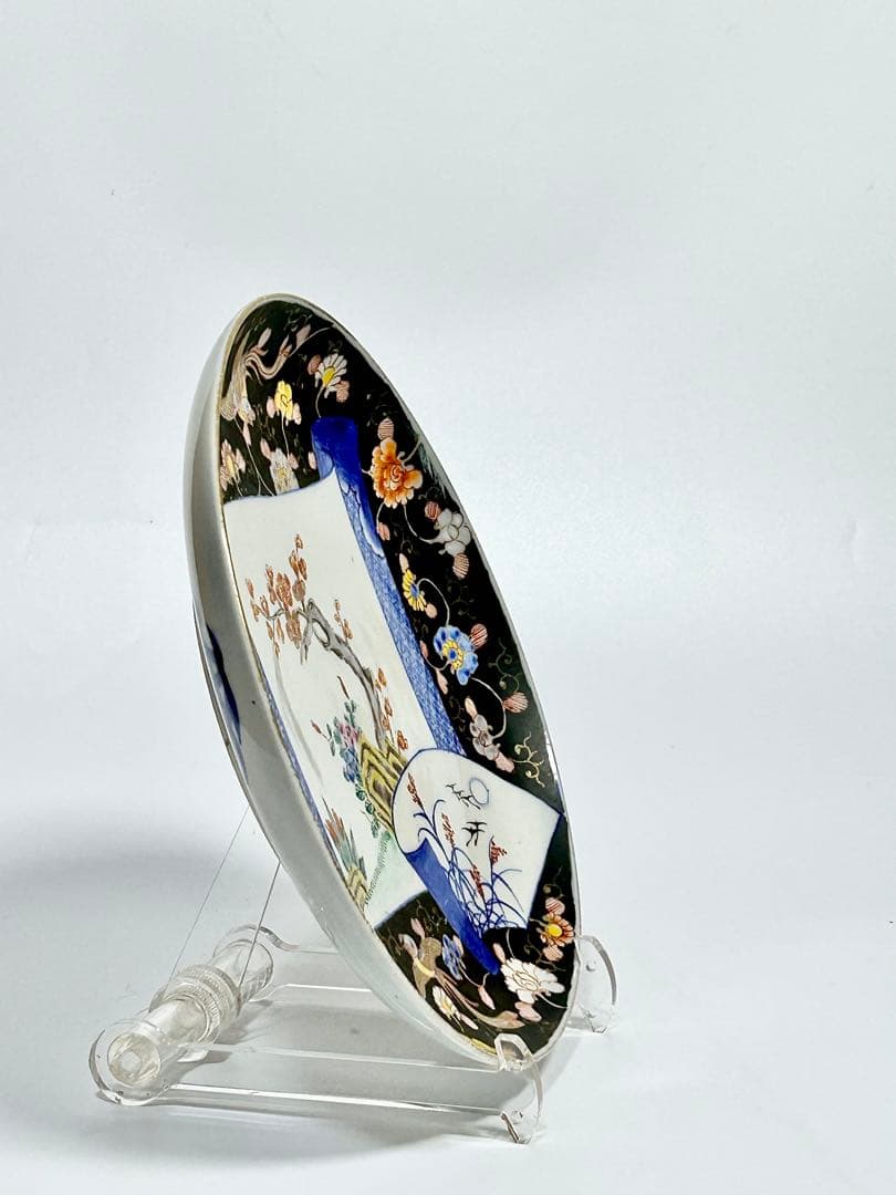 香蘭社 明治初期 染錦褐地花鳥文八寸皿 伊万里 有田