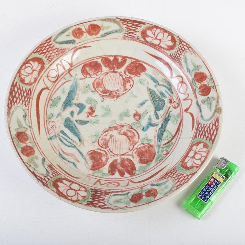 中国　17世紀　インドネシア出土　明代　呉須赤手　皿　時代箱付　M　R9312