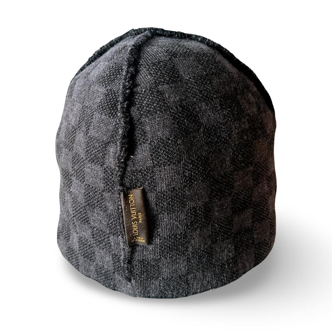 【美品】ルイヴィトン ダミエ柄 LVロゴ ニットキャップ 黒 男女兼用