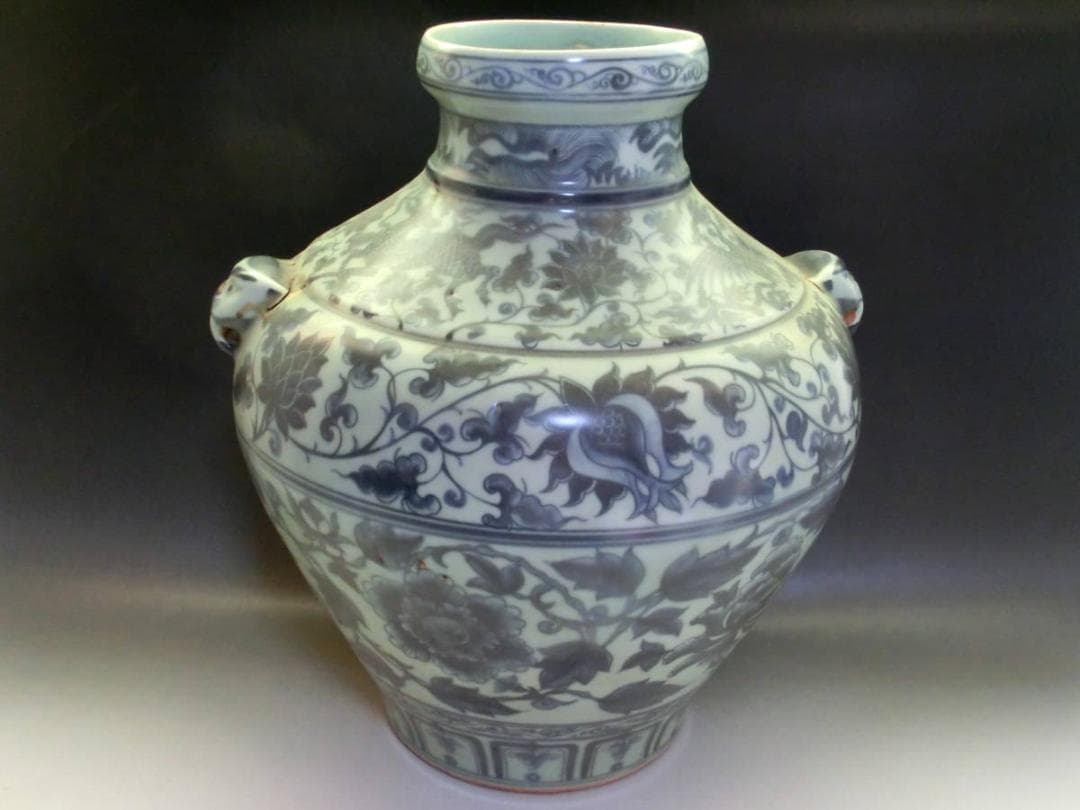 壷■支那青華花唐草紋大壺 染付大瓶 中国 古玩 唐物 花瓶 骨董品 32.6cm