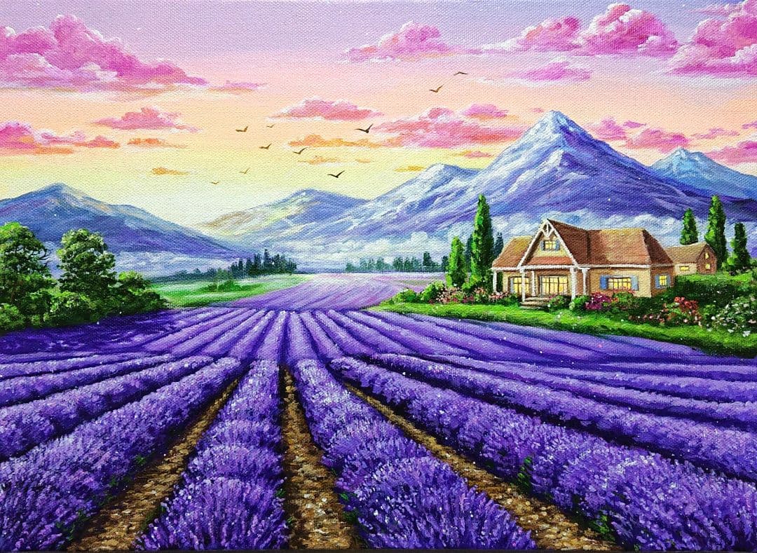【ラベンダー】アクリル画 F4 風景画 絵画