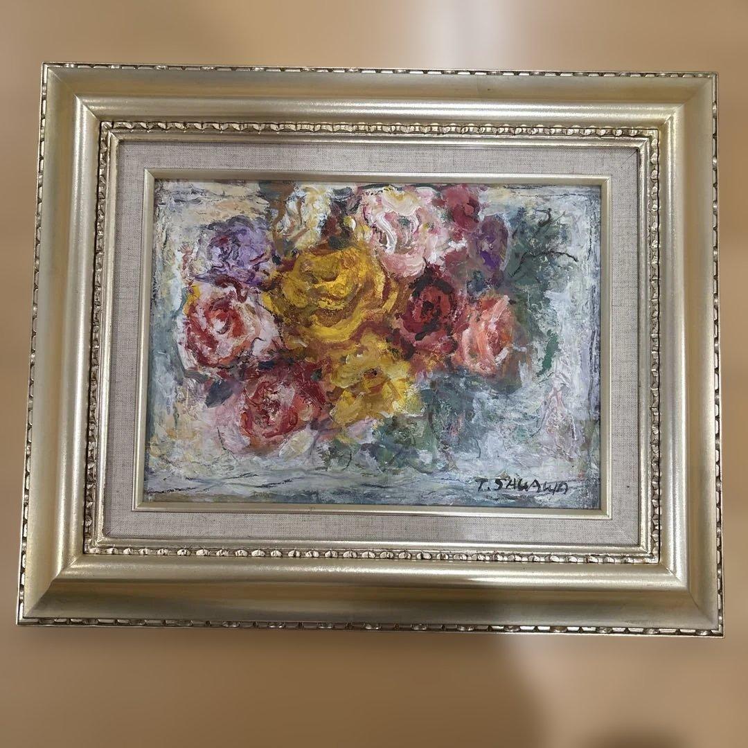 【引き取り限定】バラ 油彩画 金色フレーム付き