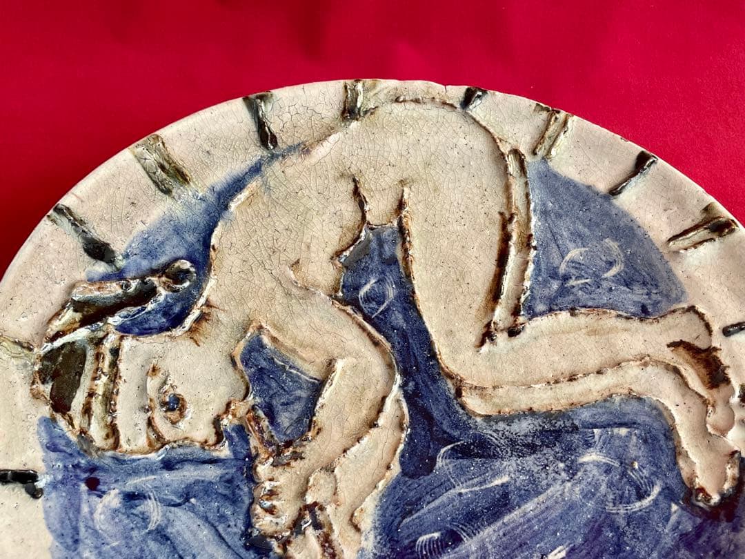 川喜田半泥子 大皿 二代半泥子(川喜田敦)甲書大皿 喇叭を吹く童子 伊藤庸庵識筥