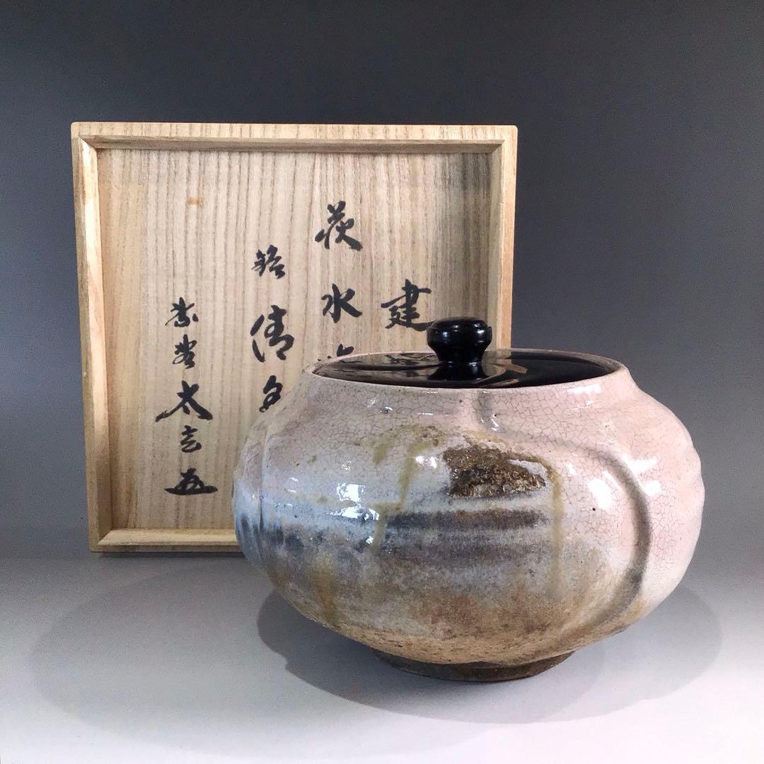 Ｐ７４４　水指　『萩焼』『厚東建信造』『大徳寺　小林太玄箱書』『捻梅水指』　共箱
