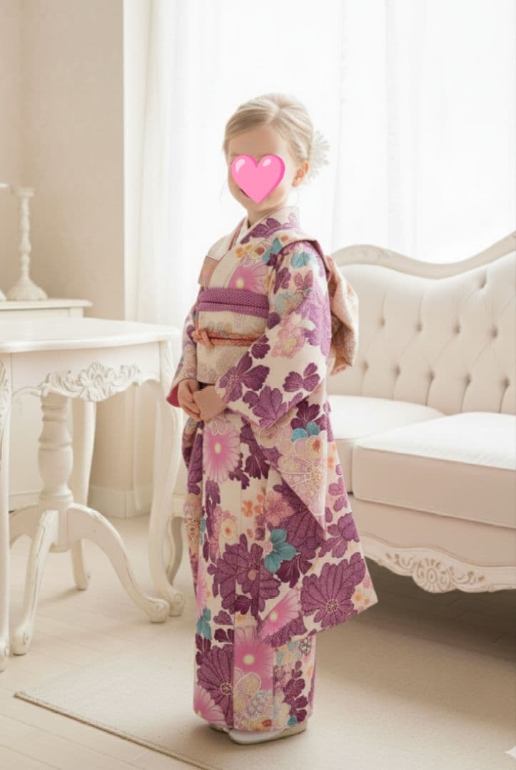 新品着物☆クリーム色大きな花模様☆作り帯フルセット