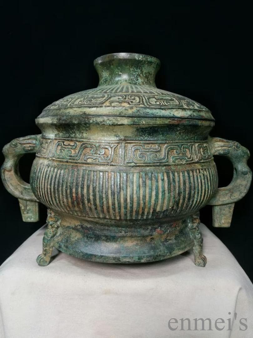 中国古美術 旧蔵 西周款 青銅器皿《銘文簋》純銅製 青銅製 蓋付き器 獣脚付き